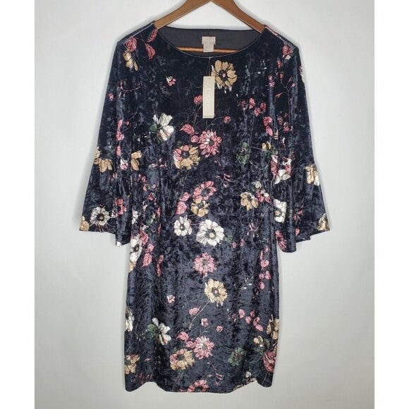 Chico's Dresses & Skirts - Chicos Womens Black Velvet Floral Shift Dress Size 1 US M Bell Sleeve Feminine